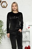 Pijamoni Kadın Siyah Fransız Kadife Pijama Takımı