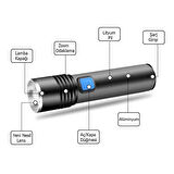 Mini Profesyonel El Feneri - 11 cm, Ultra Yüksek LED, 200 mt Aydınlatma, Şarj Edilebilir