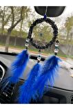 El Yapımı Düş Kapanı Dreamcatcher Mavi Ve Benekli Tüylü Araba Dikiz Aynası Süsü