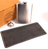 Perlotus El Dikişi Gri Hakiki Derili 8 Oz 240 cc Hunili Çelik Viski İçki Matarası
