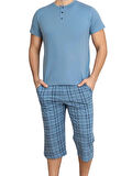 Erkek Bisiklet Yaka 3 Düğmeli Ekose Desen Modal Kısa Kol Cepli Kapri Pijama Takımı