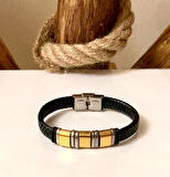 Siyah&Altın Renk Deri ve Kararmaz Çelik Mixli Erkek Bileklik 21 cm