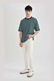 DeFacto Boxy Fit Bisiklet Yaka Çizgili Kısa Kollu Ağır Kumaş Tişört B5910AX24SPKH225
