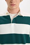 Boxy Fit Polo Yaka Çizgili Sweatshirt