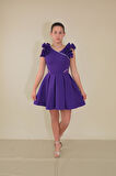Kız Çocuk Abiye Mor Krep Kumaş Kolları Farbalı Şerit Taş Detaylı Kısa Abiye Elbise 10-15 Yaş