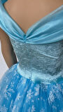 Kız Çocuk Kostüm Mavi Elsa Frozen   Düşük Omuz Detaylı Kasnaklı Kabarık Elsa Kostüm 3-8 Yaş
