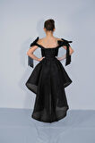 Kız Çocuk Abiye Siyah Şifon Kolları Düşük  Fiyonk Detaylı Kuyruklu Abiye Elbise 10-15 Yaş