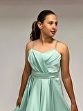Kız Çocuk Abiye MintYeşili Taş Kordon Askılı Kalp Yaka  Mat Saten Kuyruklu Abiye Elbise 10-15 Yaş