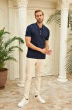 Erkek Slim Fit Düz Polo Yaka T-Shirt Lacivert