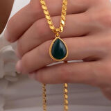 14 Ayar Altın Damla Yeşil Akik Halep Kolye