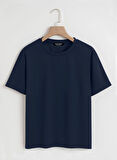 Unisex Oversize Bisiklet Yaka Düz Basic T-Shirt - LACİVERT