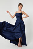 Kadın Lacivert Volanlı Yırtmaçlı Saten Abiye & Mezuniyet Elbisesi