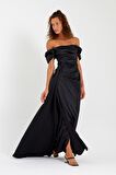 Kadın Siyah Kayık Yaka Kuyruklu Uzun Saten Abiye & Mezuniyet Elbisesi