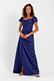 Kadın Lacivert Kayık Yaka Kuyruklu Uzun Saten Abiye & Mezuniyet Elbisesi