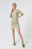Kadın Yeşil Desenli Mini Elbise