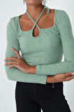 Kadın Yeşil Uzun Kollu Örme Crop
