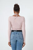 Kadın Pudra Uzun Kollu Örme Crop
