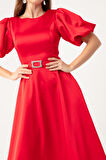 Kadın Kırmızı Balon Kollu Taşlı Kemerli Mini Saten Abiye Elbise