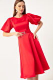 Kadın Kırmızı Balon Kollu Taşlı Kemerli Mini Saten Abiye Elbise