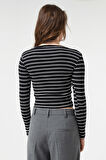 Kadın Siyah-Ekru Fitilli Uzun Kollu Crop Bluz