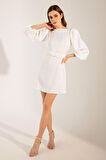 Kadın Ekru Balon Kol Mini Nişan Elbisesi