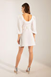 Kadın Ekru Balon Kol Mini Nişan Elbisesi