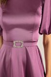 Kadın Lavanta Balon Kollu Taşlı Kemerli Mini Saten Abiye Elbise