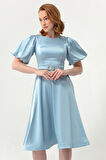 Kadın Bebe Mavi Balon Kollu Taşlı Kemerli Mini Saten Abiye Elbise