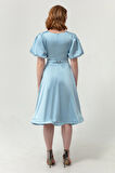 Kadın Bebe Mavi Balon Kollu Taşlı Kemerli Mini Saten Abiye Elbise