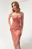 Kadın Somon İnce Askılı Yırtmaçlı Midi Saten Abiye Elbise