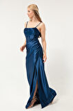 Kadın Lacivert Balen Korse Detaylı Yırtmaçlı Uzun Abiye Elbise