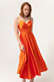 Kadın Oranj İp Askılı Bel Kemerli Saten Midi Abiye & Mezuniyet Elbisesi