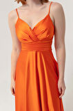 Kadın Oranj İp Askılı Bel Kemerli Saten Midi Abiye & Mezuniyet Elbisesi