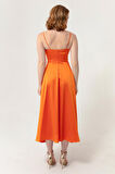 Kadın Oranj İp Askılı Bel Kemerli Saten Midi Abiye & Mezuniyet Elbisesi