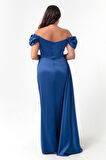 Kadın İndigo Kayık Yaka Kuyruklu Uzun Saten Abiye & Mezuniyet Elbisesi
