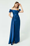 Kadın İndigo Kayık Yaka Kuyruklu Uzun Saten Abiye & Mezuniyet Elbisesi
