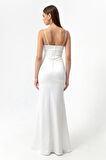 Kadın Beyaz Askılı Yırtmaçlı Uzun Saten Abiye & Mezuniyet Elbisesi