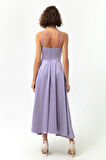 Kadın Lila İp Askılı Bel Kemerli Saten Midi Abiye & Mezuniyet Elbisesi