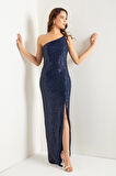Kadın Lacivert Tek Omuzlu Yırtmaçlı Uzun Abiye Elbise