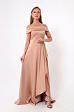 Kadın Pudra Kayık Yaka Saten Abiye & Mezuniyet Elbisesi