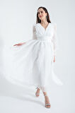 Kadın Beyaz Balon Kol V Yaka Midi Abiye Elbise