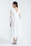 Kadın Beyaz Balon Kol V Yaka Midi Abiye Elbise