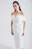 Kadın Beyaz Kayık Yaka Fiyonklu Midi Abiye Elbise