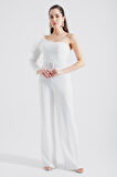 Kadın Beyaz Tek Omuzlu Taşlı Abiye Tulum
