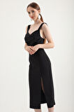 Kadın Siyah Askılı Drapeli Midi Elbise