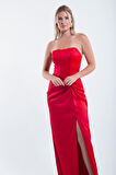 Kadın Kırmızı Kruvaze Astarlı Dokuma Korse Detaylı Saten Uzun Abiye Elbise
