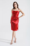 Kadın Kırmızı Mini Saten Abiye Elbise
