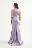 Kadın Lila Halter Yaka Yırtmaçlı Uzun Saten Abiye Elbise