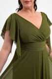 Kadın Haki V Yaka Kısa Kollu Büyük Beden Uzun Abiye Elbise