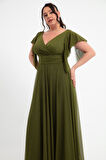 Kadın Haki V Yaka Kısa Kollu Büyük Beden Uzun Abiye Elbise